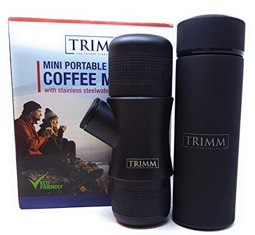 Trimm Portable Hand Held Espresso Machine and Thermos Vacuum Insulated Double Wall | Portable Espresso Maker and Flask | Single Cup Coffee Maker and Tea Thermos Bottle | Travel Set Great Gift Idea