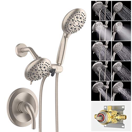SR SUN RISE Shower System with Handheld Showerhead & Rain Shower Combo Set. High Pressure 35-Function Dual 2 in 1 Shower Faucet with Valve, Patented 3-Way Water Diverter in All-Brushed Nickel