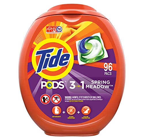 Tide PODS Laundry Detergent Liquid Pacs, Spring Meadow Scent, HE Compatible, 96 Count per pack, 77 Oz (Packaging May Vary)