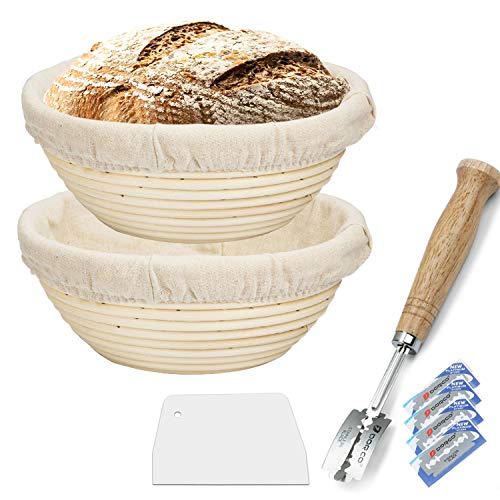 9 Inch Proofing Basket 2 Pack,WERTIOO Bread Proofing Basket + Bread Lame +Dough Scraper+ Linen Liner Cloth for Professional & Home Bakers