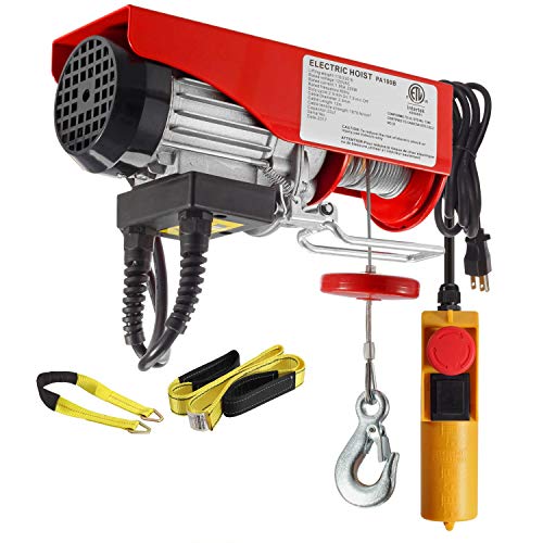Partsam 220 lbs Lift Electric Hoist Crane Remote Control Power System, Zinc-Plated Steel Wire Overhead Crane Garage Ceiling Pulley Winch w/Premium Straps (w/Emergency Stop Switch)