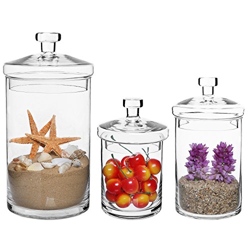 Set of 3 Clear Glass Kitchen & Bath Storage Canisters/Decorative Centerpiece Apothecary Jars with Lids