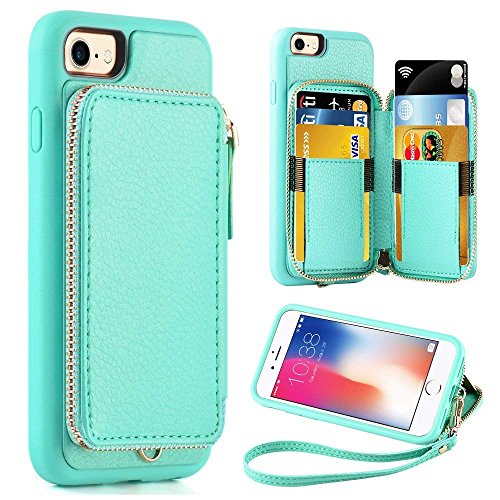 ZVE Wallet Case for Apple iPhone 8 and iPhone 7, 4.7 inch, Zipper Wallet Case with Credit Card Holder Slot Handbag Purse Wrist Strap Protective Case for Apple iPhone 8/7 4.7 inch - Blue