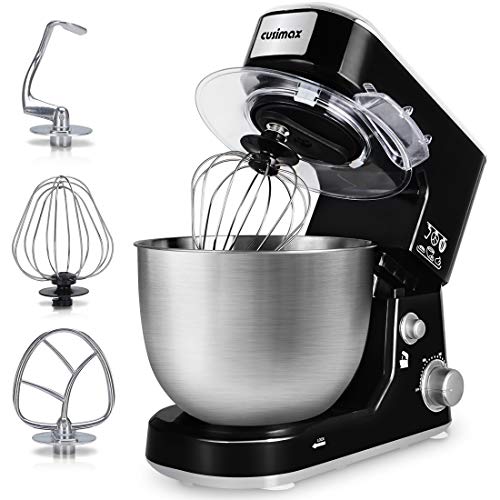 Stand Mixer, Cusimax 800W Dough Mixer Tilt-Head Electric Mixer with 5-Quart Stainless Steel Bowl, Dough Hook, Mixing Beater and Whisk, Splash Guard, CMKM-150, Black