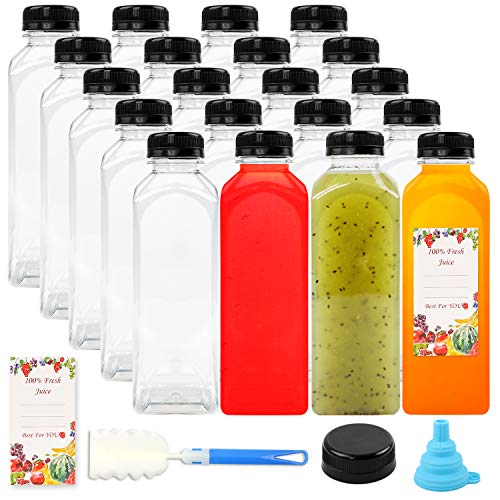 SUPERLELE 16oz 20pcs Empty PET Plastic Juice Bottles Reusable Clear Disposable Containers with Black Tamper Evident Caps Lids for Juice, Milk and Other Beverages