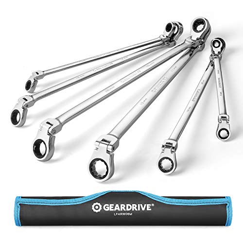 GEARDRIVE Extra Long Flex-Head Double Box End Ratcheting Wrench Set, Metric, 6-Piece, 8-19mm, Chrome Vanadium Steel, Organizer Pouch Included