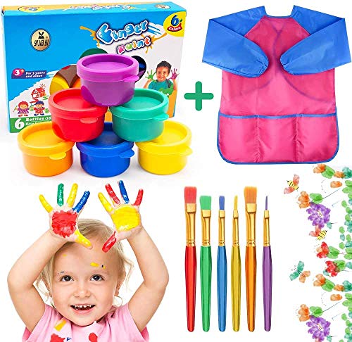 AYUQI Washable Kid's Finger Paints with 6 Brushes and Waterproof Art Smock,Non-Toxic & Child Friendly,Children Finger Painting Drawing Toys Painting Tool Birthday Gifts, for Kindergarten School Home