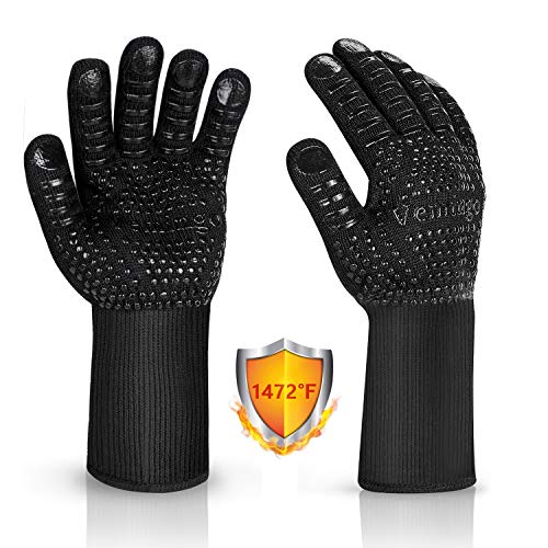 Vemingo BBQ Gloves 1472°F Extreme Heat Resistant Ov Grill Gloves Heat Proof/Fireproof Gloves Oven Mitts Barbecue Gloves for Smoker/Grilling/Cooking/Baking 12.5CM Large, Black
