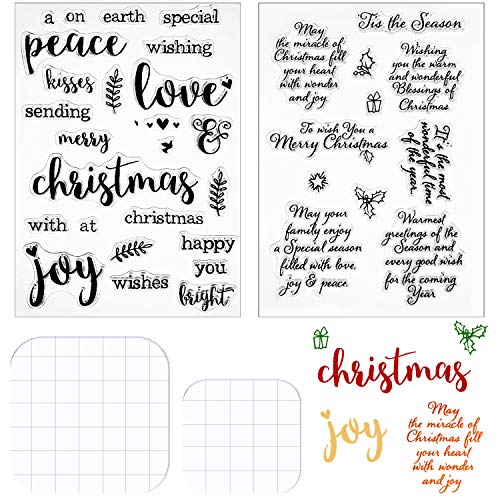 4 Pieces Words Christmas Clear Stamps Set Silicone Christmas Greeting Stamps Sentiments Merry Christmas Crafts Stamps Acrylic Stamp Blocks Tools with Grid Lines for Card Making Decor DIY Scrapbooking