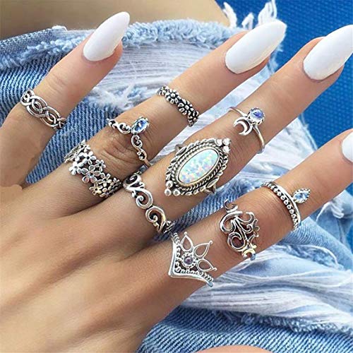 Tcplyn Premium 10Pcs Bohemian Winter Opal Knuckle Ring Set Retro Charming Punk Stacking Ring Finger Midi Ring Set for Women Girl Jewelry Accessories Gift Convenient