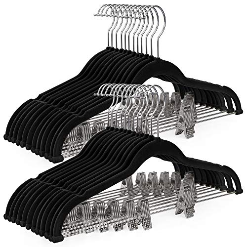 SONGMICS 30-Pack Pants Hangers, 16.7-Inch Long Velvet Trousers Hangers with Adjustable Clips, Heavy-Duty, Non-Slip, Space-Saving for Pants, Skirts, Coats, Dresses, Tank Tops, Black UCRF12B30