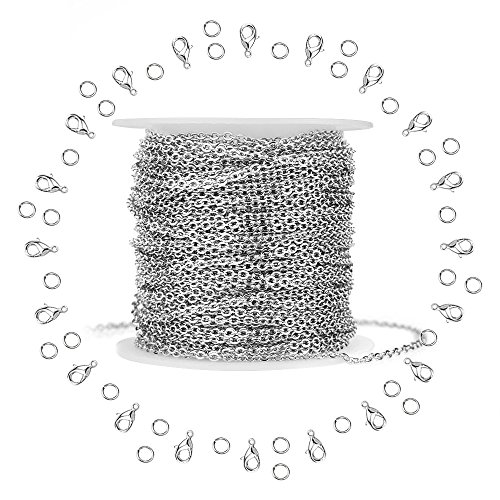 WXJ13 Silver Stainless Steel Cable Chain Brand 11m 36FT Jewelry Making Chains with 20 Lobster Clasps and 30 Jump Rings for Pendant Necklace DIY Making 1.5mm