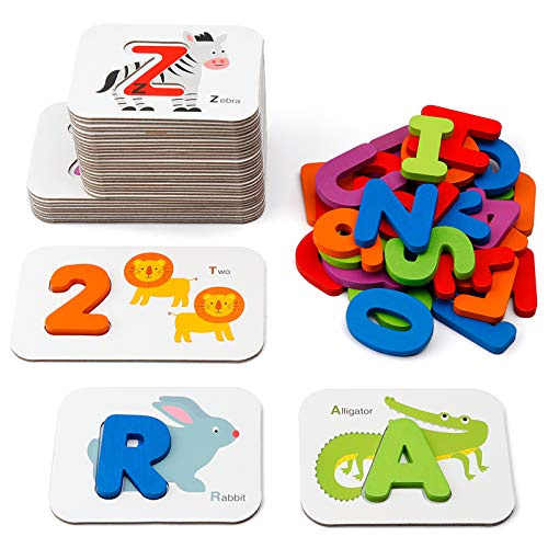 Coogam Numbers and Alphabets Flash Cards Set - ABC Wooden Letters and Numbers Animal Card Board Matching Puzzle Game Montessori Educational Toys Gift for Toddlers Age 3 Preschool and Up Years