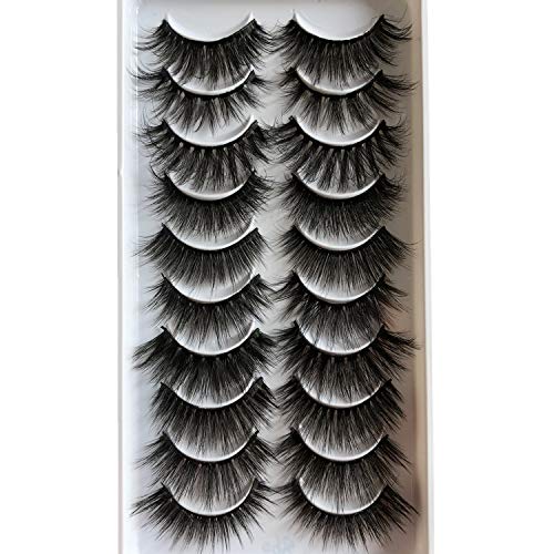 PLEELL 10 Pairs Mixed Mink False Eyelashes Faux 5D Wispy Fluffy Natural Look Dramatic Long Soft Fake Lashes Pack Handmade Reusable Eyelashes Makeup Thick Lashes 10 Styles