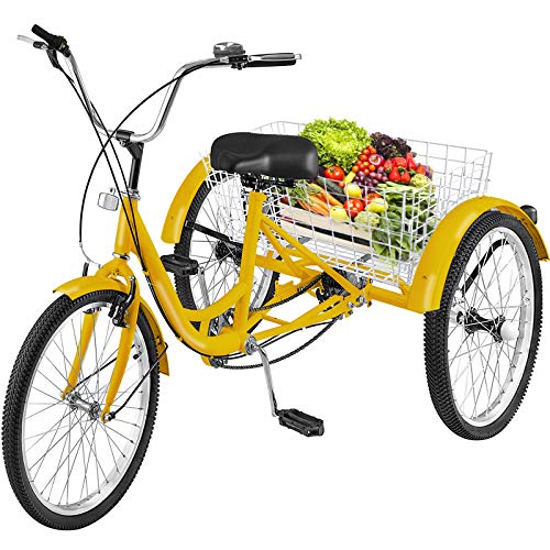 Happybuy Adult Tricycle 1 Speed Size Cruise Bike 20 inch Adjustable Trike with Bell Brake System Cruiser Bicycles Large Size Basket for Recreation Shopping Exercise (Yellow 20 1Speed)