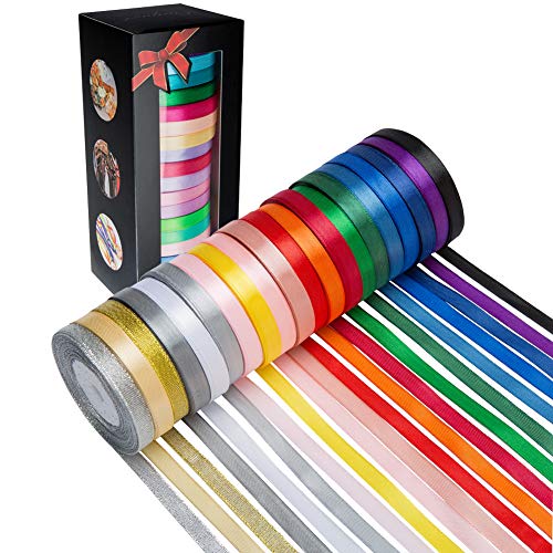 20 Colors 300 Yard Satin Ribbon -18 Silk Ribbon Rolls & 2 Glitter Metallic Ribbon Rolls, 2/5' Wide 15 Yard/Roll, Ribbons Perfect for Crafts, Hair Bows, Gift Wrapping, Wedding Party Decoration and More