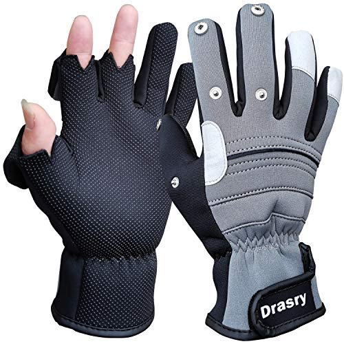 Drasry Neoprene Touchscreen Ice Fishing Gloves Winter Cold Weather Windproof Warm 3 Cut Fingers Fish Glove for Men Women Great for Fly Fishing Photography Running Cycling Motorcycling (Gray-Black, L)