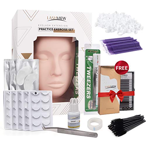 LASHVIEW Eyelash Extension Kit,with Mannequin Head,Lash Extension Supplies for Beginners,Professional Eyelash Extension Kit, for Makeup and Eyelash Graft.