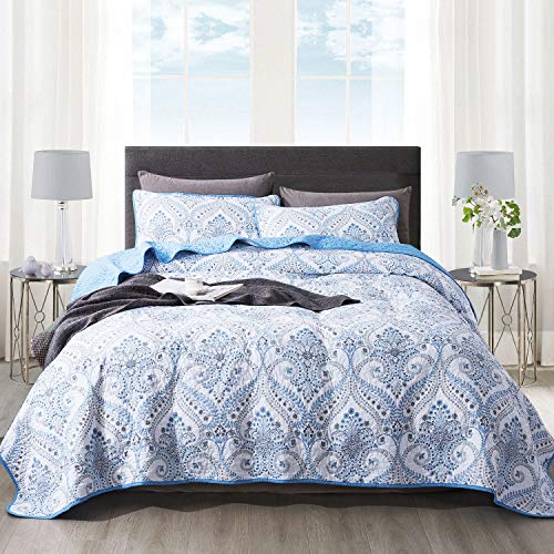 NEWLAKE Cotton Bedspread Quilt Sets-Reversible Patchwork Coverlet Set, Blue Classic Royal Pattern, Queen Size