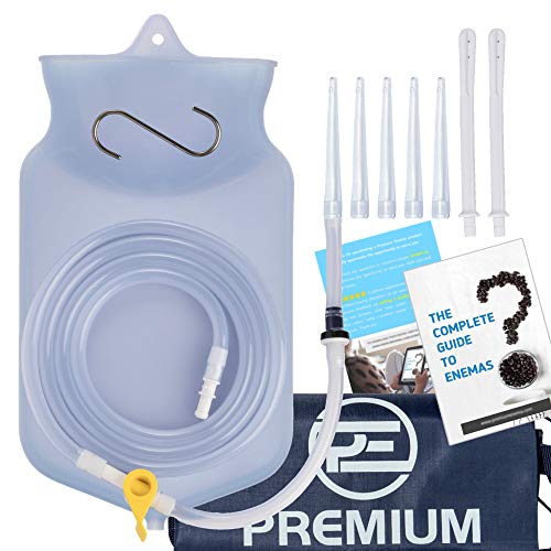 PE Enema Bag Kit Clear Non-Toxic Silicone. for Coffee and Water Colon Cleansing. 2 Quart Capacity, 6.75 Foot Long Hose, 7 Tips. BPA and Phthalates Free by Premium Enema