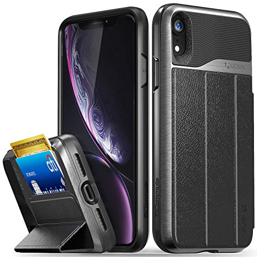 VENA iPhone XR Wallet Case, vCommute (Military Grade Drop Protection) Flip Leather Cover Card Slot Holder with Kickstand, Designed for Apple iPhone XR - Space Gray