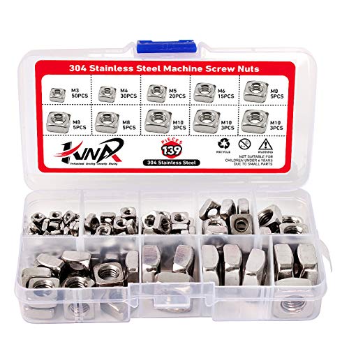 KINPAR 304 Stainless Steel Machine Screw Nuts 304 Square Nuts M3 M4 M5 M6 M8 M10 Metric Assortment Kit Nut 139Pcs