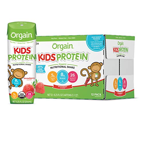 Orgain Organic Kids Protein Nutritional Shake, Strawberry - Great for Breakfast & Snacks, 21 Vitamins & Minerals, 10 Fruits & Vegetables, Gluten Free, Soy Free, Kosher, Non-GMO, 8.25 Ounce, 12 Count