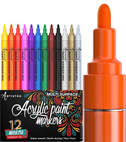 Paint Pens for Rock Painting, Ceramic, Porcelain, Glass, Wood, Fabric, Canvas. Set of 12 Acrylic Paint Markers Medium Tip