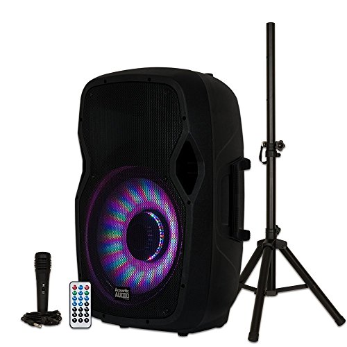 Acoustic Audio by Goldwood AA15LBS Powered 15' Bluetooth LED Light Display Speaker with Microphone and Stand, Black, 16' x 14' x 27'