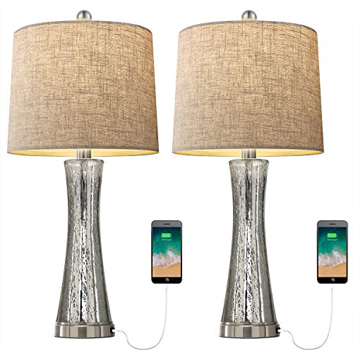 BOBOMOMO Modern USB Table Lamp Set of 2 for Living Room Bedside Silver Desk Lamp Mercury Glass of Linen Drum Shade for Bedroom Nightstand