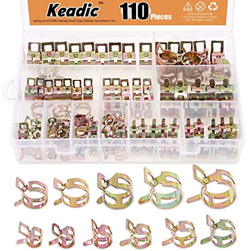 Keadic 110Pcs [ 11 SIZE ] 7mm to 17mm Spring Hose Clamp Vacuum Clamp Spring Band Type Clamps Action Fuel/Silicone Vacuum Hose Pipe Clamp Low Pressure Air Clip Clamps Fasteners Assortment Kit