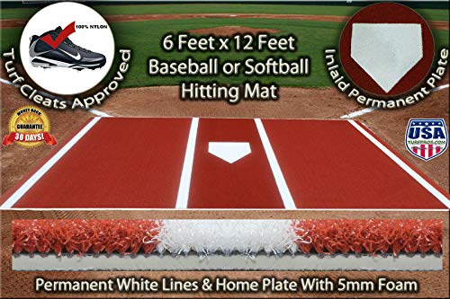 Premium 12' X 6' Baseball/Softball Hitting Mat Clay/Dirt Color- Foam Backing & Permanent Plate