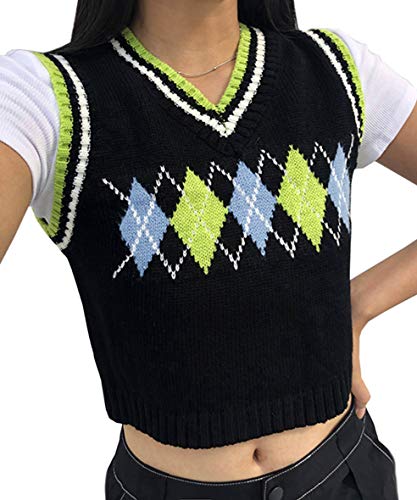 SAFRISIOR Women Streetwear Preppy Style Knitwear Tank Top V Neck Argyle Plaid Knitted Sweater Vest