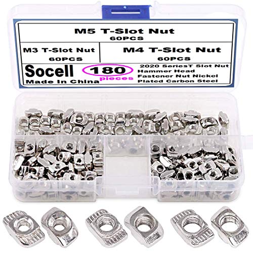 Socell 180Pcs 2020 Series T Nuts,M3 M4 M5 T Slot Nut Hammer Head Fastener Nut Nickel Plated Carbon Steel Assortment Kit