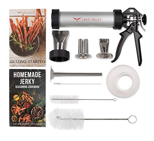 Crest Valley Premium Jerky Gun - Complete Jerky Making Kit - 1 LB Easy Clean and Durable Aluminum Cannon with 4 Beef Stick/Strip Nozzles - 3 Cleaning Brushes - Home Recipes Included