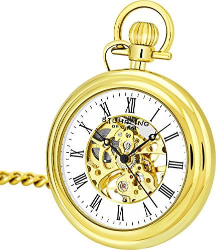 Stuhrling Original Mens Vintage Mechanical Pocket Watch - Stainless Steel Pocket Watch with Chain Analog Skeleton Watch Hand Wind Mechanical Watch with Clip and Stainless Steel Chain (Gold)