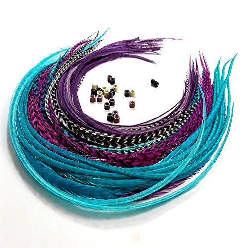 Feather Hair Extensions, 100% Real Rooster Feathers, Long Violet, Purple, Blue Colors, 20 Feathers with 20 Beads and Loop Tool Kit by Sexy Sparkles