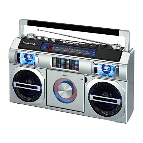 Studebaker SB2145S 80's Retro Street Boombox with FM Radio, CD Player, LED EQ, 10 Watts RMS and AC/DC in Silver