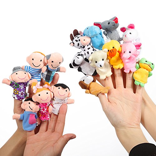FunsLane Finger Puppets Set 16 Pcs -10 Animals and 6 People Family Members, Story Time Velvet Puppets Toys for Adorable Random Easter Goodie Bags Stuffers, Easter Egg Fillers
