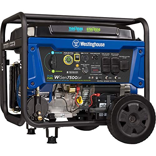 Westinghouse WGen7500DF Dual Fuel Portable Generator 7500 Rated & 9500 Peak Watts, Gas or Propane Powered, Electric Start, Transfer Switch Ready, CARB Compliant