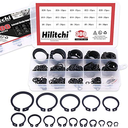 Hilitchi 300-Pcs [15-Size] Alloy Steel External Circlip Snap Retaining Clip Ring Assortment Set