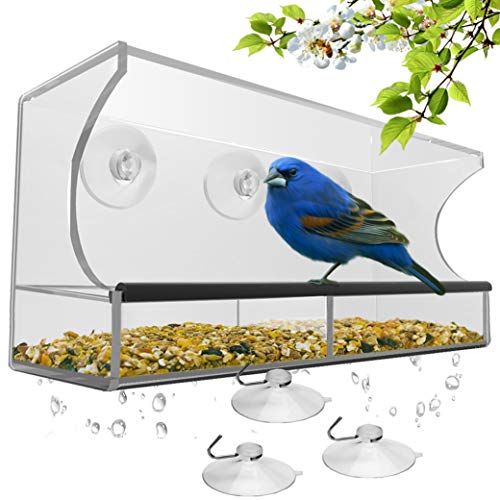 Window Bird Feeder with Strong Suction Cups and Seed Tray, Outdoor Birdfeeders for Wild Birds, Finch, Cardinal, and Bluebird. Large Outside Hanging Birdhouse Kits, Drain Holes, 3 Extra Suction Cups