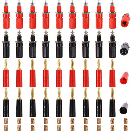 Glarks 40pcs Black and Red 4mm Banana Speaker Wire Cable Screw Plugs with Amplifier Terminal Connector Binding Post Banana Plug Jack Socket Panel/Chassis Mount Connectors Set, Each for 10Pcs