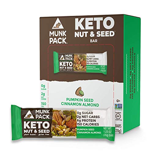 Munk Pack Pumpkin Seed Cinnamon Almond Keto Nut & Seed Bars with 0g Sugar, 2g Net Carbs | Keto Snacks | No Sugar | Plant Based | Gluten Free, Soy Free | 12 Pack