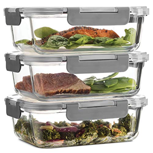 Superior Glass Meal Prep Containers - 3-pack (35oz) Newly Innovated Hinged BPA-free Locking lids - 100% Leak Proof Glass Food Storage Containers, Great on-the-go, Freezer to Oven Safe Lunch Containers