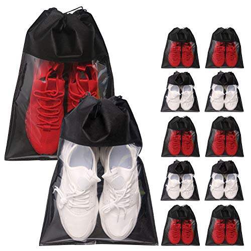 12 Pack Portable Shoe Bags for Travel Large Shoes Pouch Storage Organizer Clear Window with Drawstring for Men and Women Black