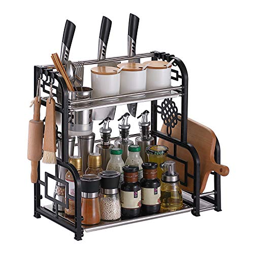 Spice Rack Organizer for Countertop, DUSASA 2-Tier Seasoning Organizer Bathroom Storage Shelf Counter Kitchen Rack Organizer for Large/Small Spice Jars Condiment Can Sauce Bottle with 6 Hooks