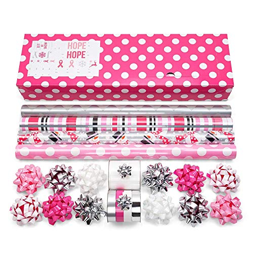Pink Wrapping Paper Set with Matching Bows, Ribbon, and Gift Tags for Holidays, Birthdays, Weddings, Awareness: 4 Rolls of 24' x 8ft. Premium Gift Wrap with 3 Reversible Designs