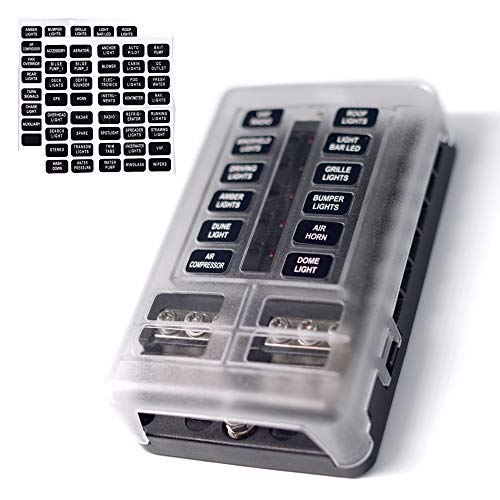 12-Way Fuse Block W/Negative Bus - JOYHO ATC/ATO Fuse Box with Ground, LED Light Indication & Protection Cover, Bolt Connect Terminals,70 pcs Stick Label, For Vehicle Car Boat Marine Auto