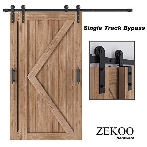 ZEKOO 4 FT- 12 FT Bypass Sliding Barn Door Hardware Kit, Single Track, Double Wooden Doors Use, Flat Track Roller, One-Piece Rail Low Ceiling (5.5FT Single Track Bypass)